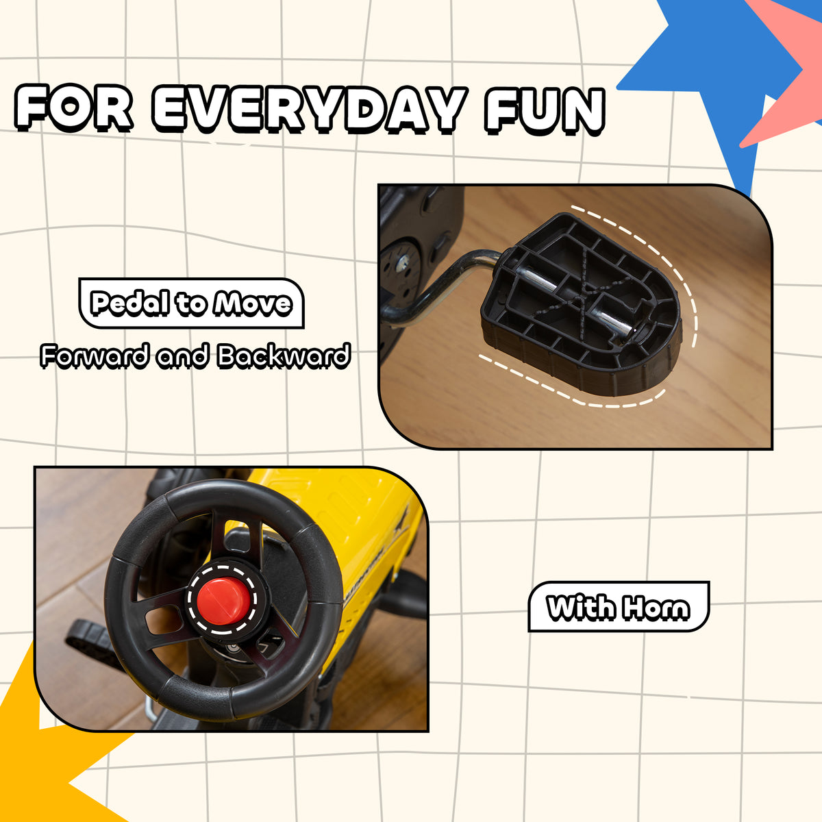 Kids Ride On Tractor With Back Trailer, Shovel & Rake, Horn, Pedal Go
