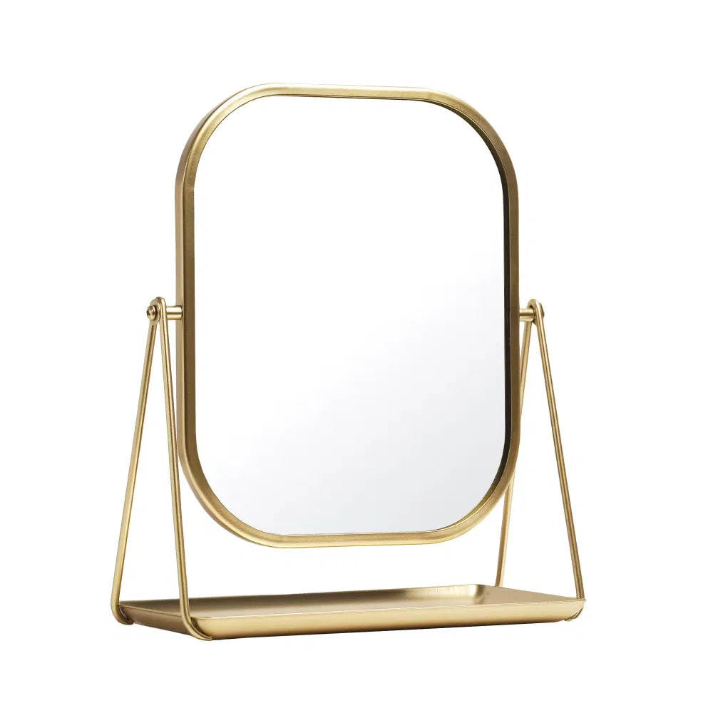 Round Edge Tabletop Easel Mirror With A Modern Gold Finish Vanity