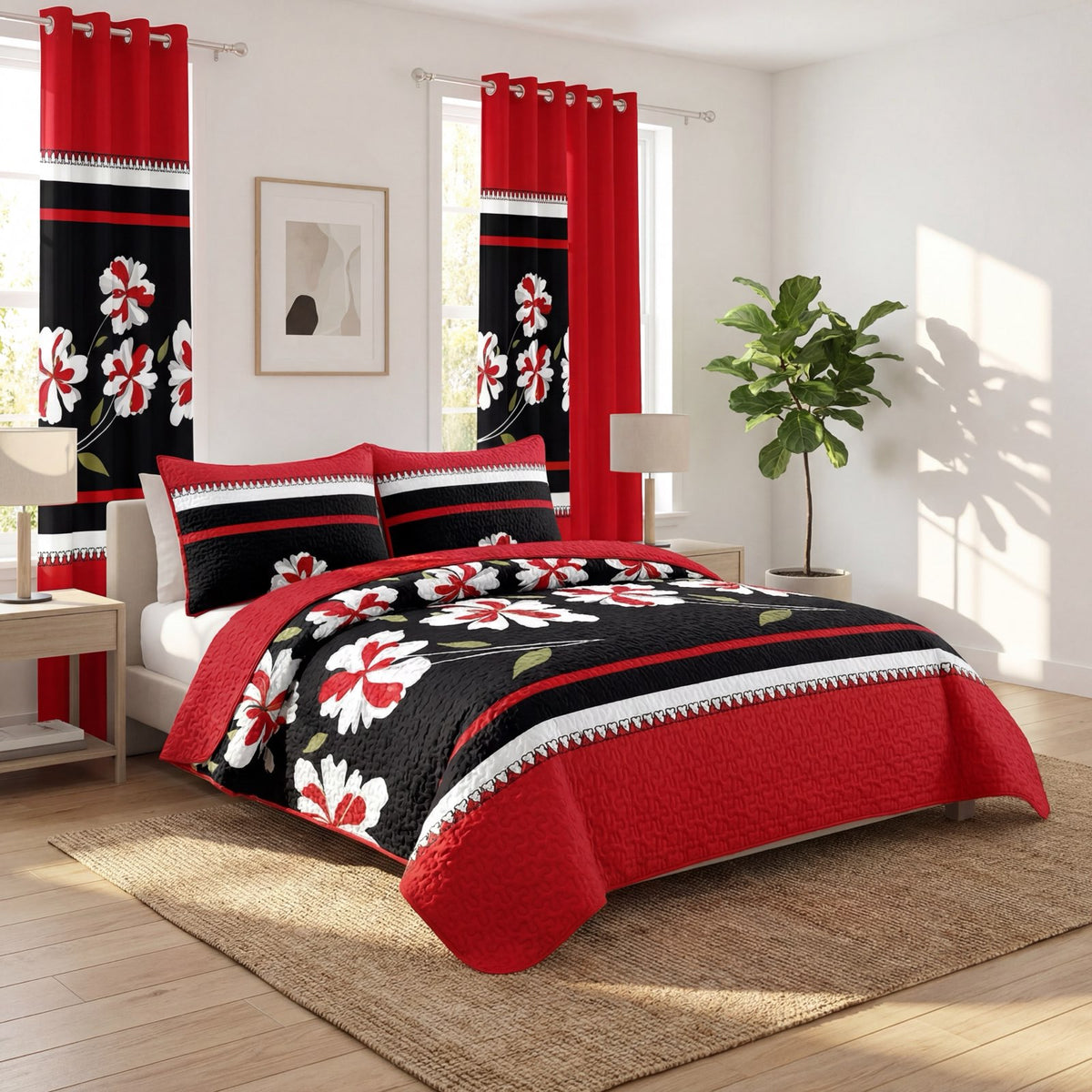 9-Piece Black And Red Floral Bedspread And Curtain Set, Reversible