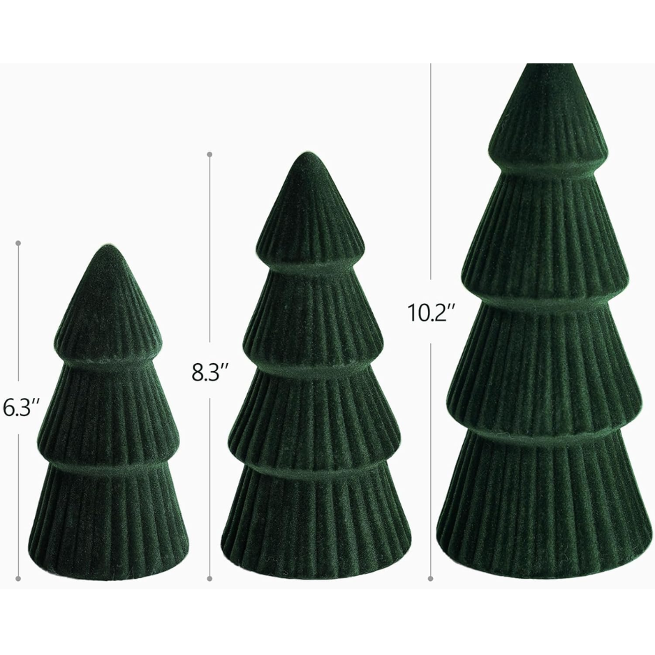 Christmas Decorations Set Of 3 Velvet Ceramic Christmas Trees Green