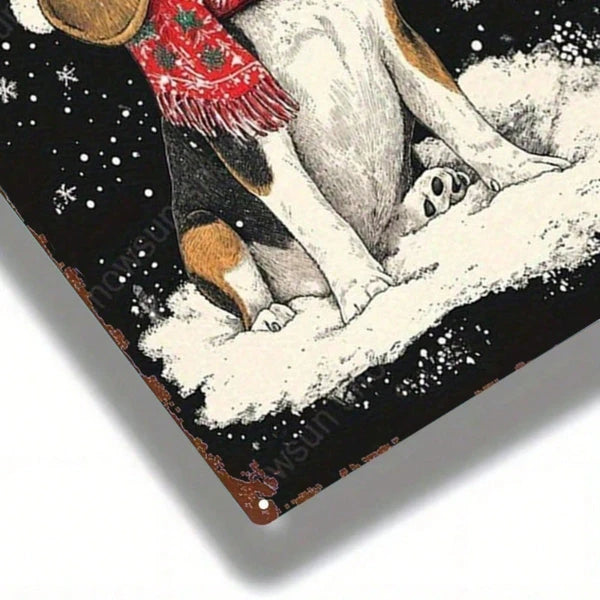 Vintage Metal Sign 2D Flat Christmas Beagle Snow Scene Wall Decor,8X12