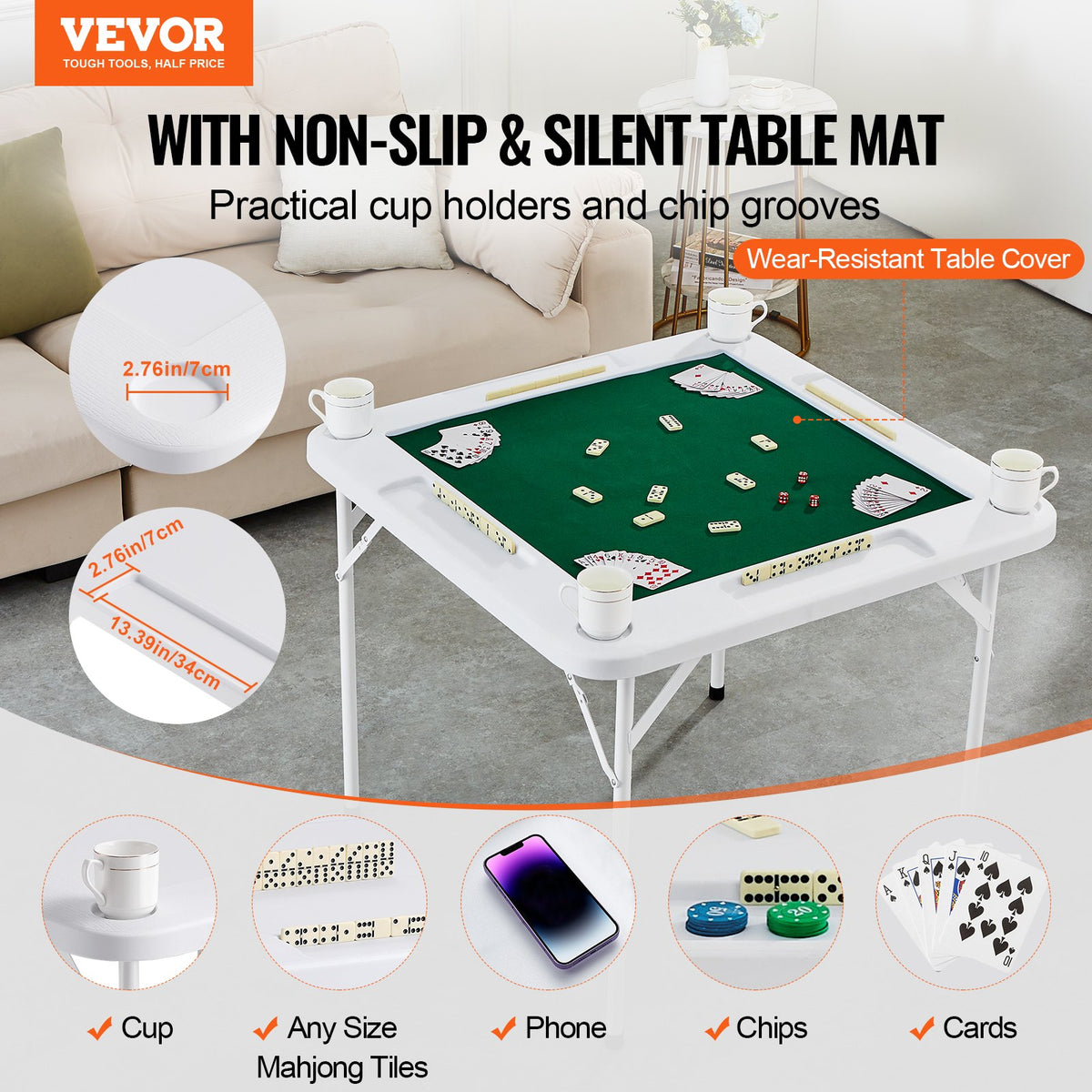 Mahjong Table 4 Player Folding Card Table & Table Mat Cup Holder Chip