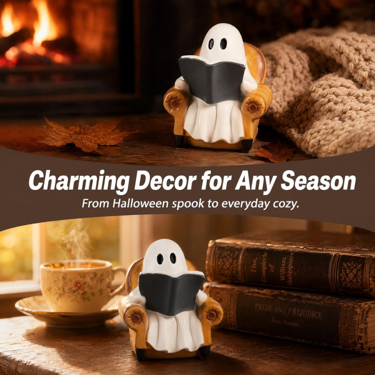 Ghost Reading Book Figurine, Cute Halloween Decor For Bookshelf, Table