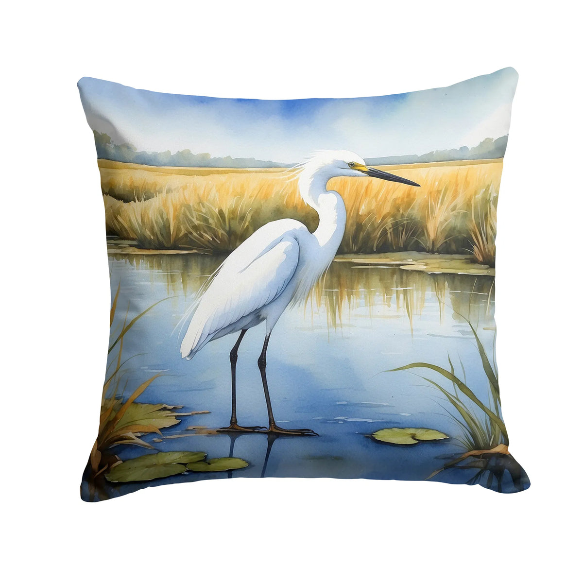 Snowy Egret In Coastal Marshes Throw Pillow Machine Washable, Indoor