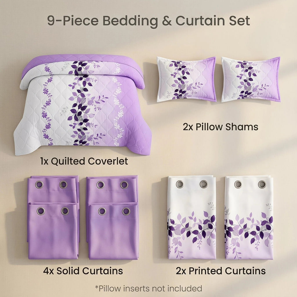 9-Piece Purple Floral Quilt And Curtain Set, Reversible Microfiber