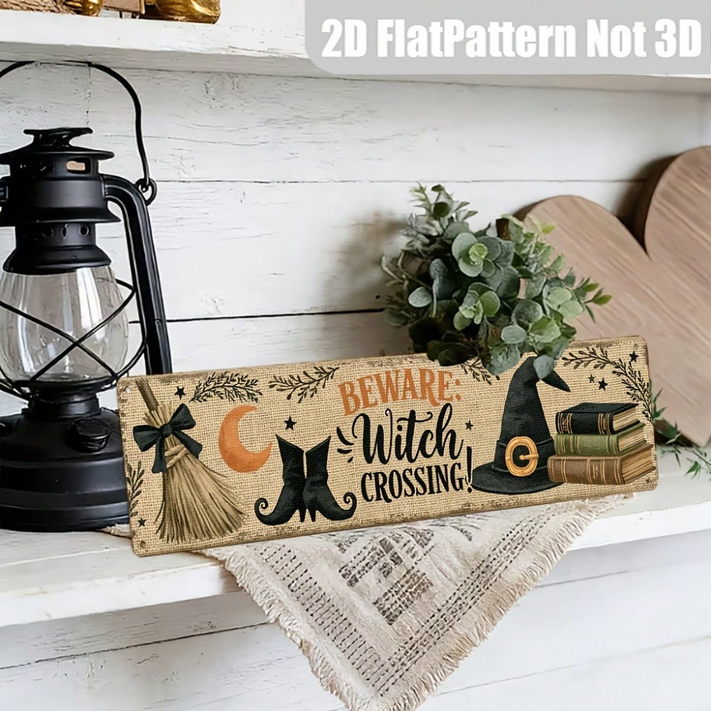 Beware Witch Crossing Metal Sign 2D Flat, Rustic Halloween Entryway