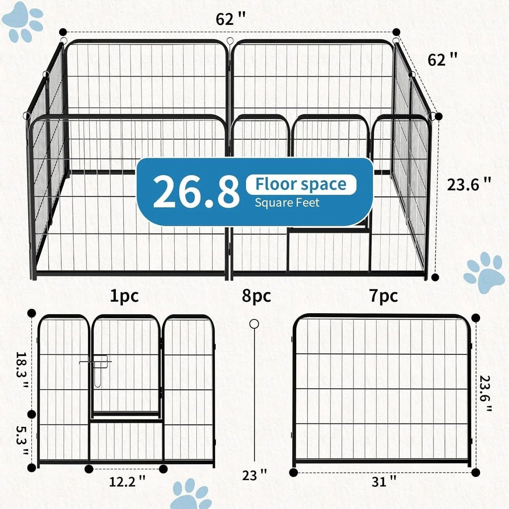 Indoor Outdoor Dog Playpen, Premium Pet Puppy Fence With Gate, Portable