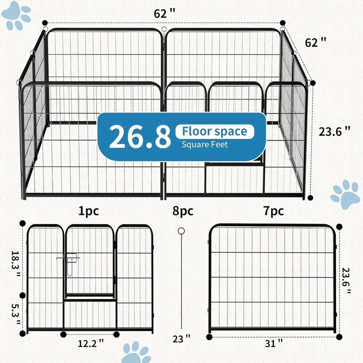 Indoor Outdoor Dog Playpen, Premium Pet Puppy Fence With Gate, Portable