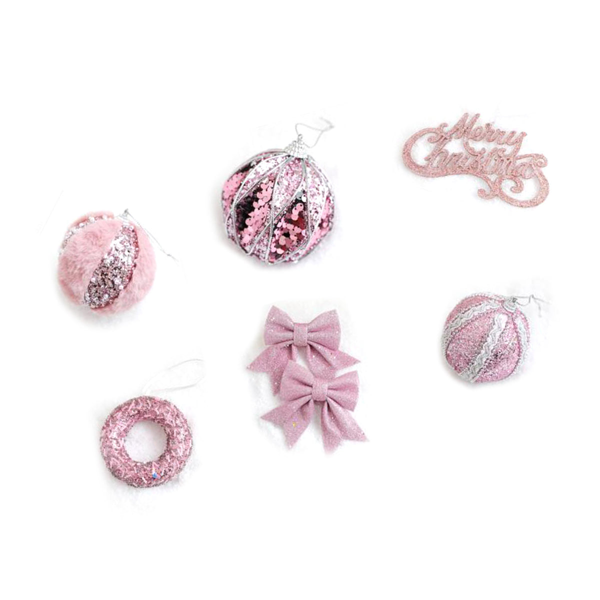 6Pcs Xmas Tree Decoration Sequin Plush Bow Ball Donut Letter Sign Tree