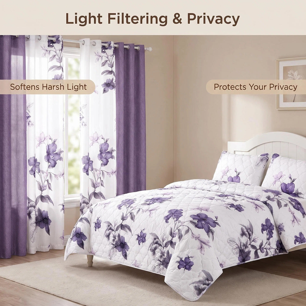 9-Piece Purple Floral Bedspread And Curtain Set For California King