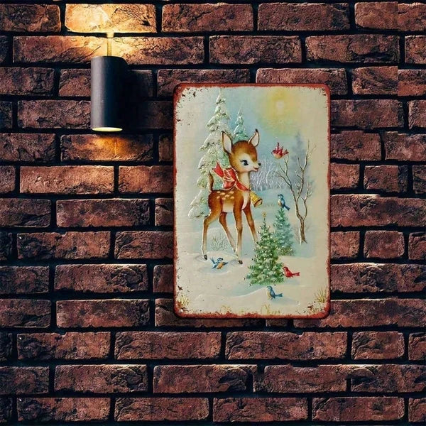 1PC Rustic Iron Metal Wall Sign Winter Reindeer Snowy Woods Pattern No