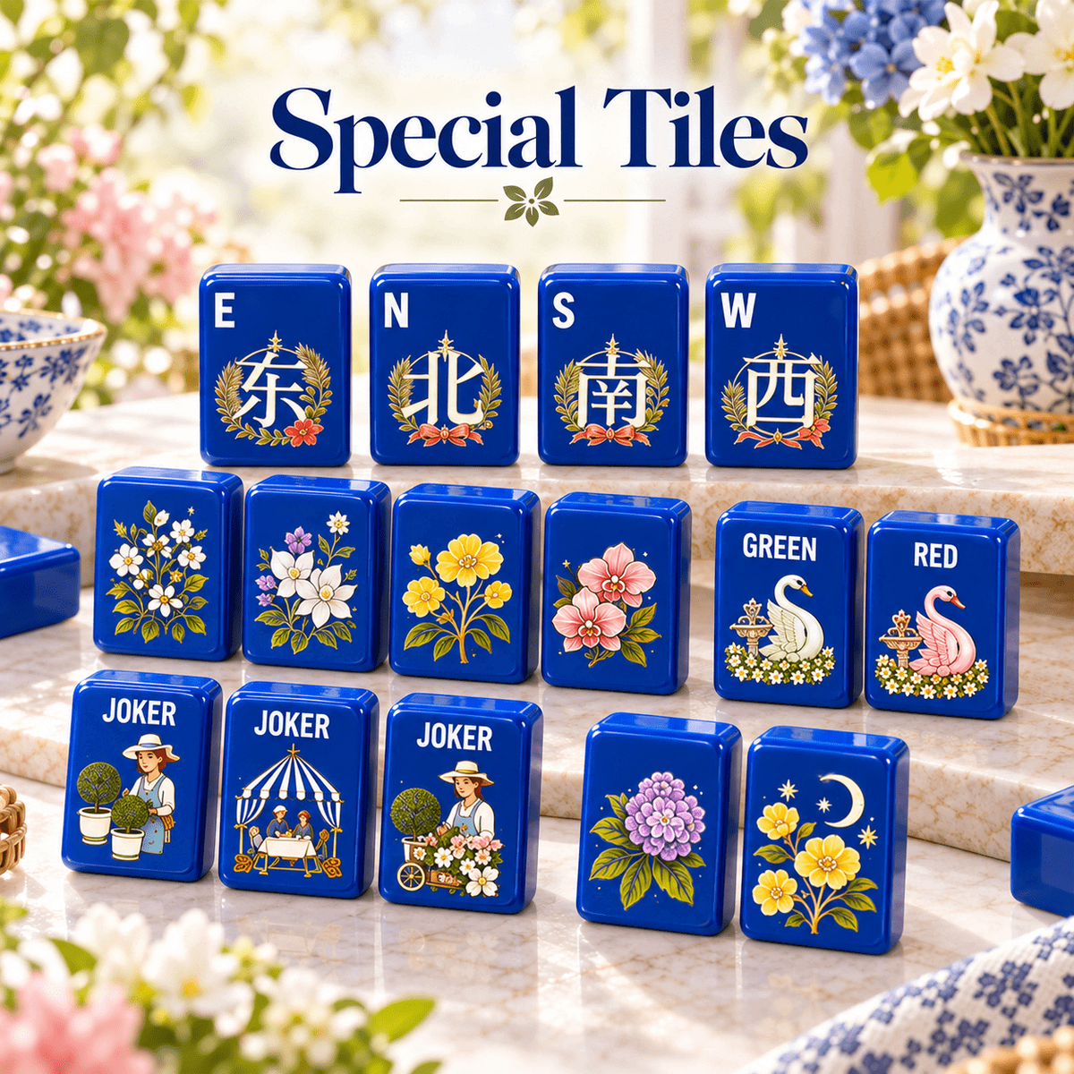 Cobalt Garden Acrylic Mahjong Set, 160 Tiles American Mahjong Game Set