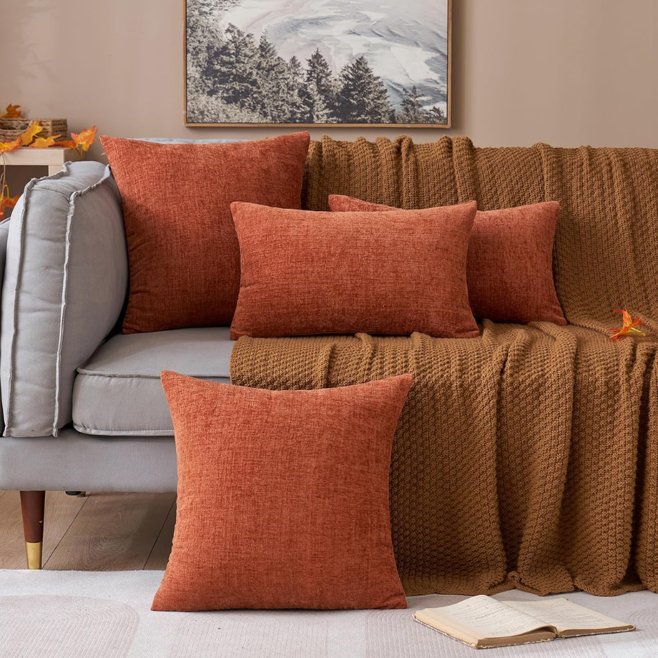 Soft Chenille Fall Throw Pillow Covers Burnt Orange 18x18 Pack Of 2