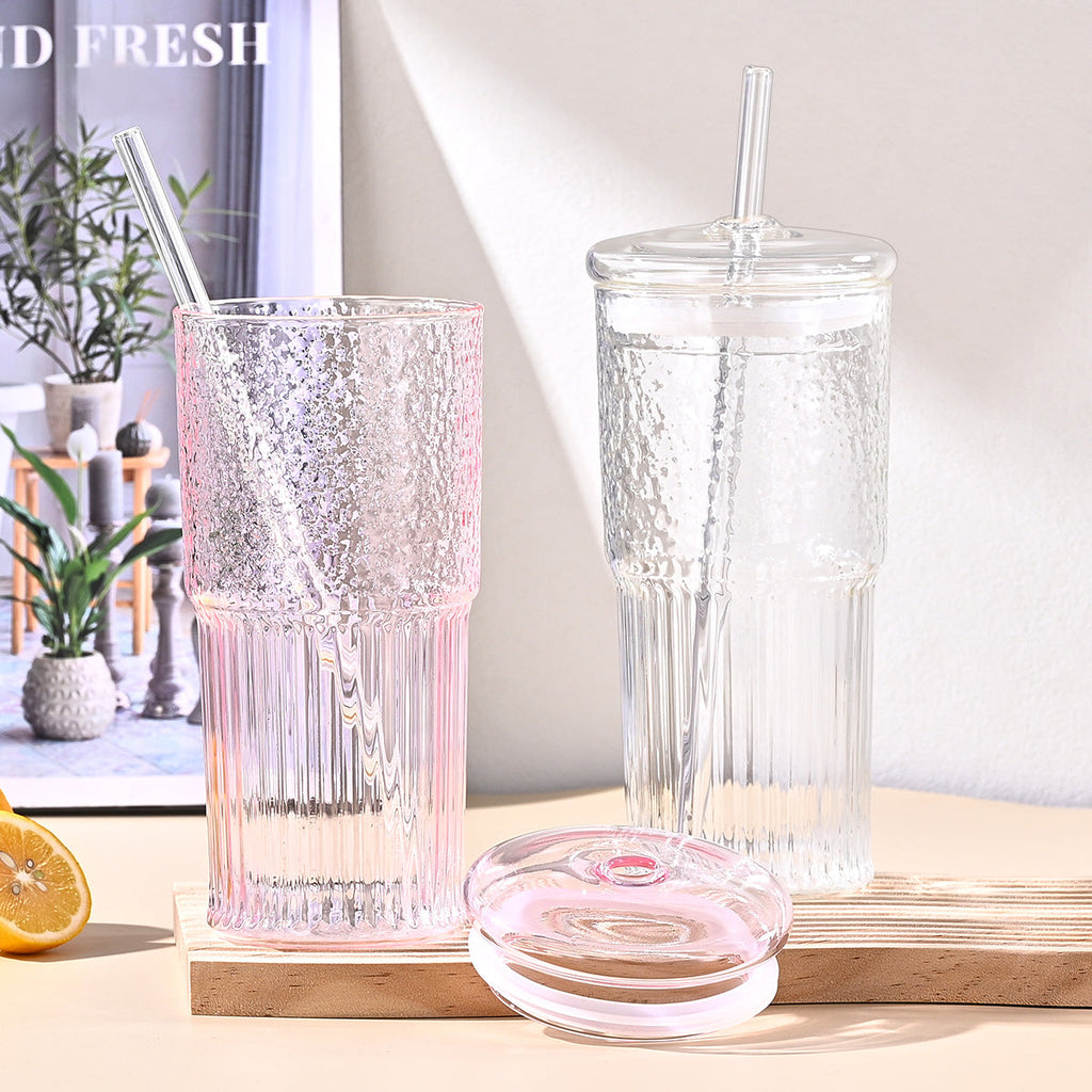 20 Oz 2-pack Green Glass Straw Cup With Vertical Pattern Cup And Lid