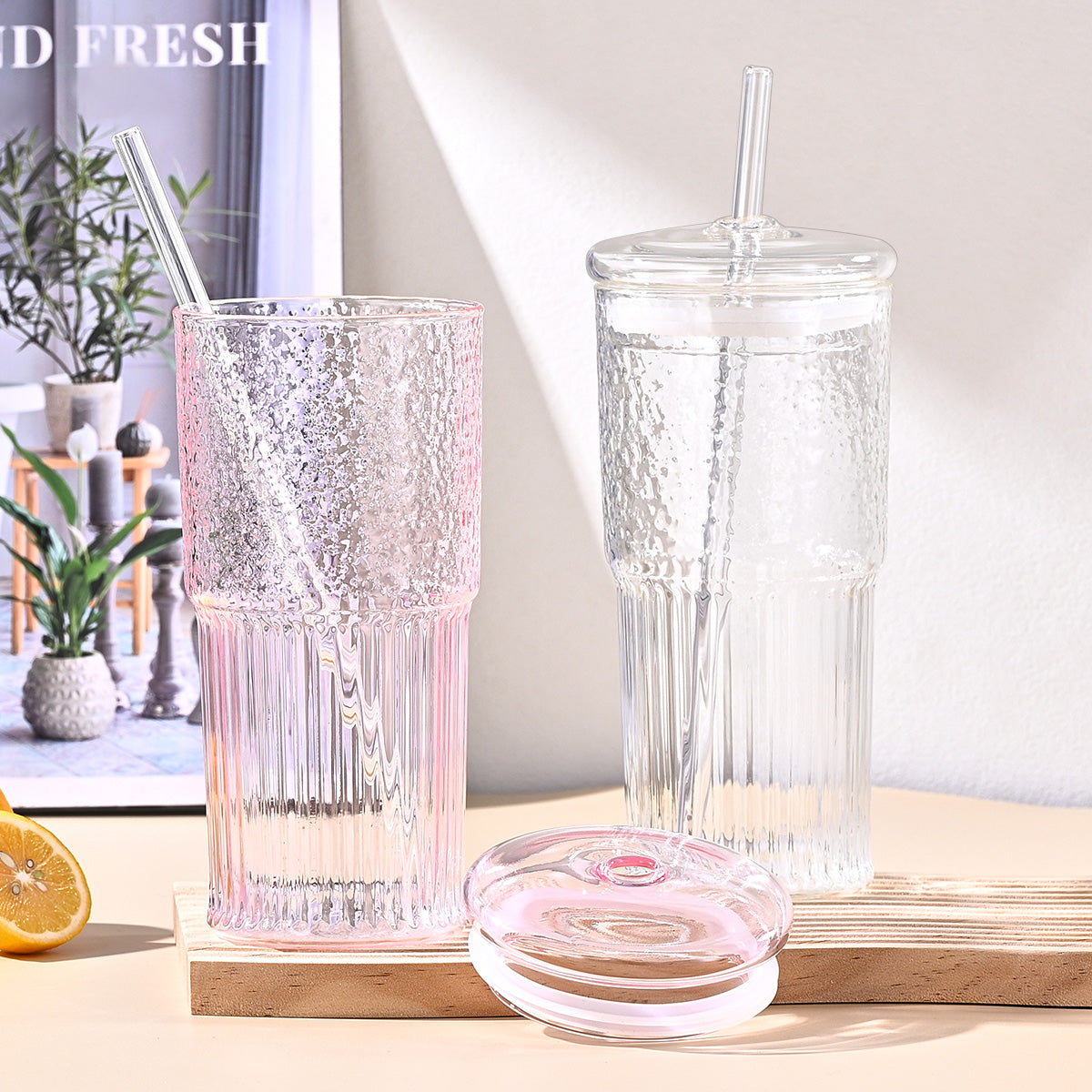 20 Oz 2-pack Green Glass Straw Cup With Vertical Pattern Cup And Lid
