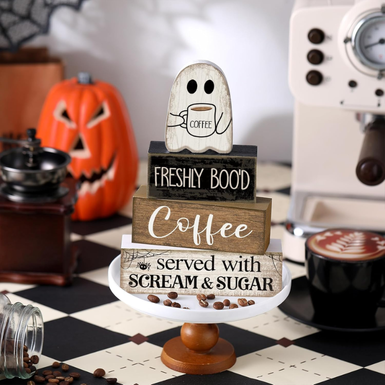 4 Pcs Halloween Wooden Ghost Coffee Table Decor, Cute Coffee Bar Signs