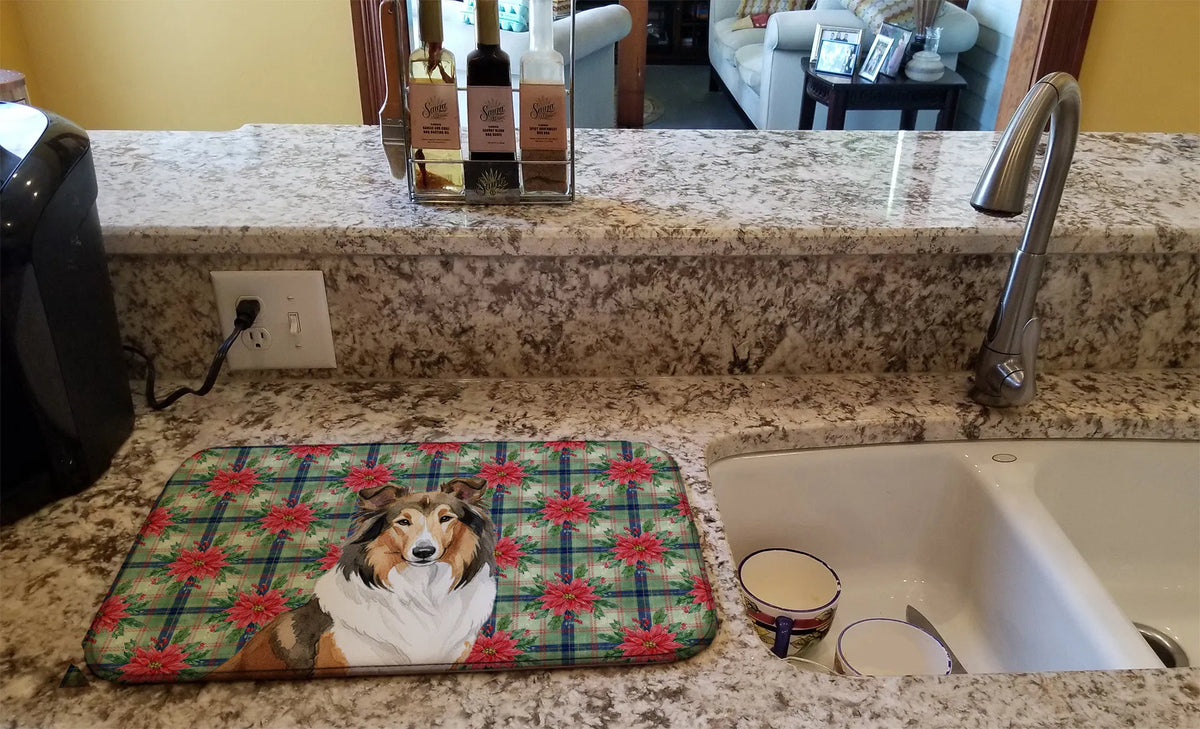 Sable Collie Christmas Poinsettias Dish Drying Mat Absorbent Dish