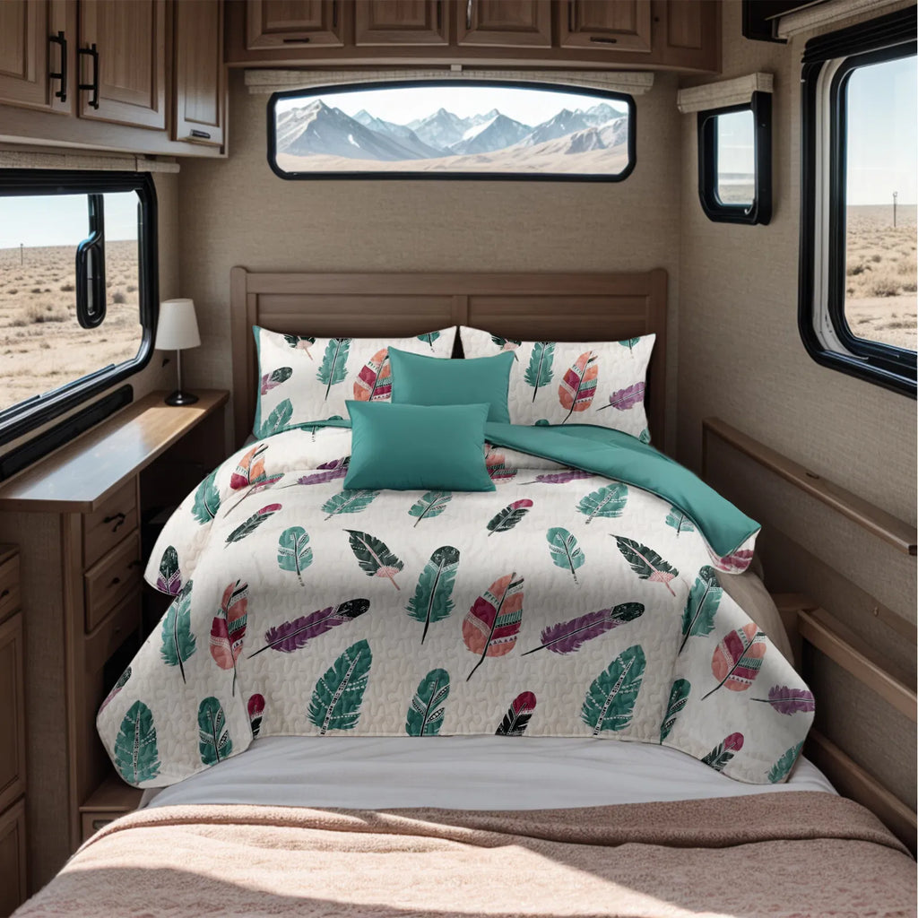 9-Piece Boho Feather Bedding & Curtain Set - Quilted Microfiber