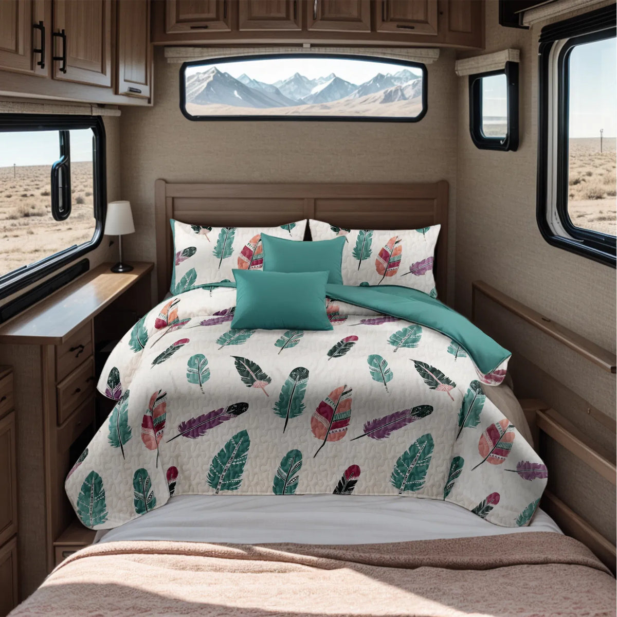 9-Piece Boho Feather Bedding & Curtain Set - Quilted Microfiber