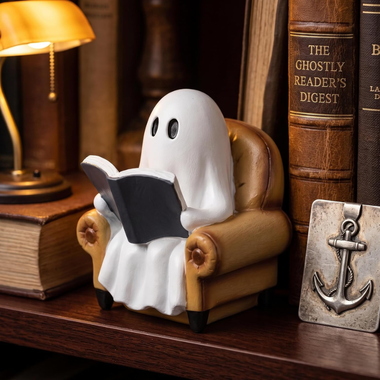 Ghost Reading Book Figurine, Cute Halloween Decor For Bookshelf, Table