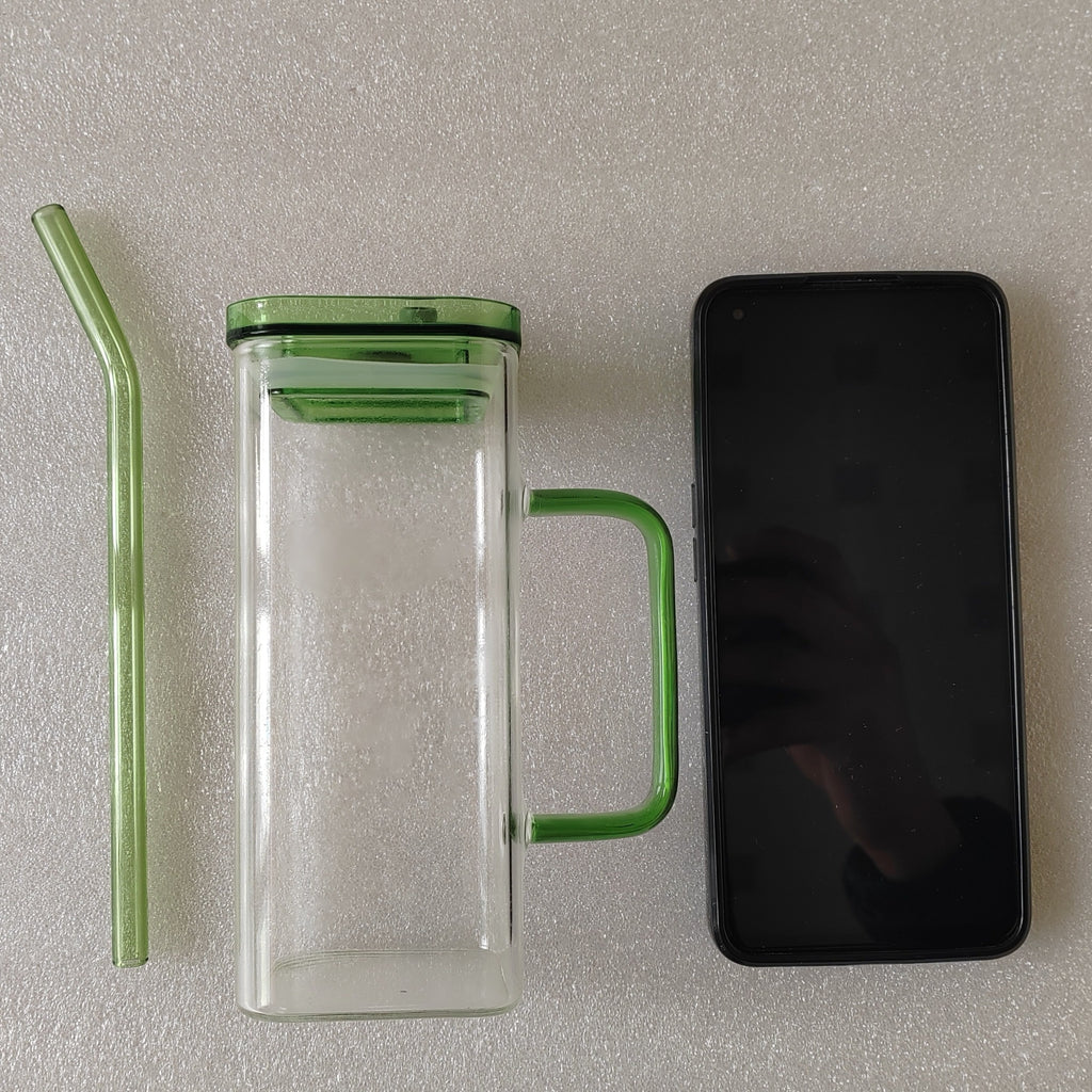 1 Pcs Transparent Glass Straw Cup, 6 Colors Square Glass Cup With Straw