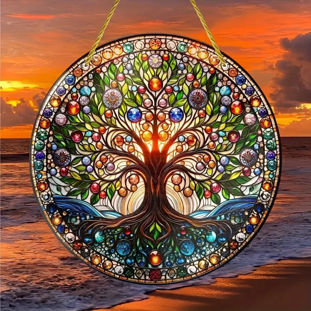 Tree Of Life Wall Art Colorful Stained Glass Design Smooth Edges Indoor