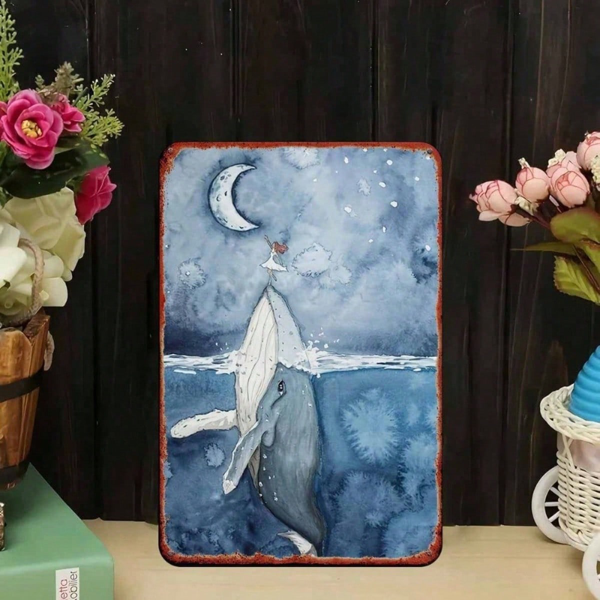 1PC Vintage Metal Tin Sign Moon & Whale Nautical Pattern Wall Art Retro