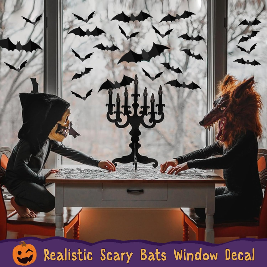 120Pcs 3D Bat Wall Decor Stickers - Realistic Black PVC Bat Decals