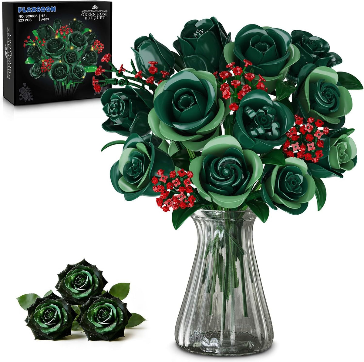 16 Green Roses Botanical Building Blocks, Artificial Flower Birthday