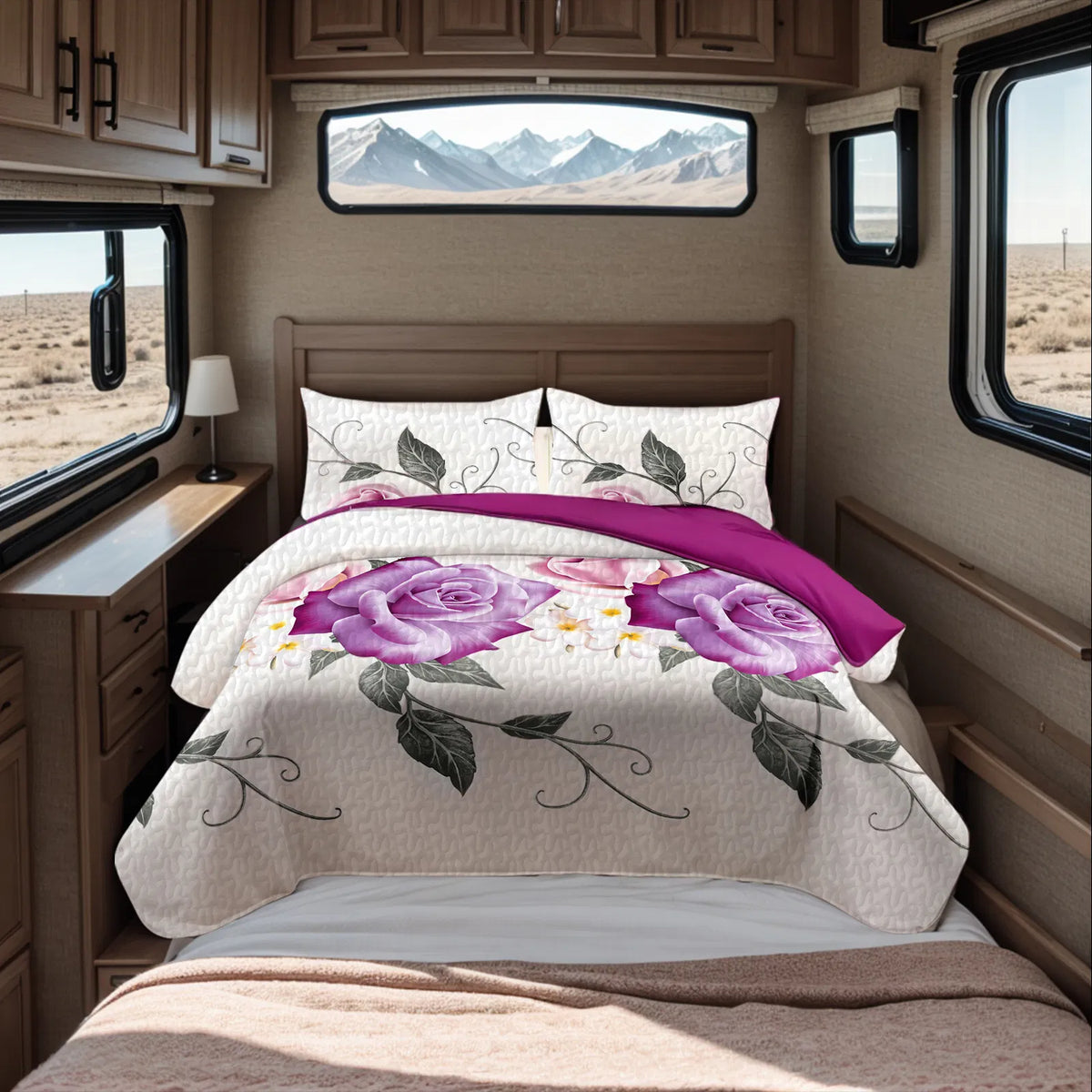 9-Piece Purple Rose Bedding & Curtain Set - Quilted Microfiber