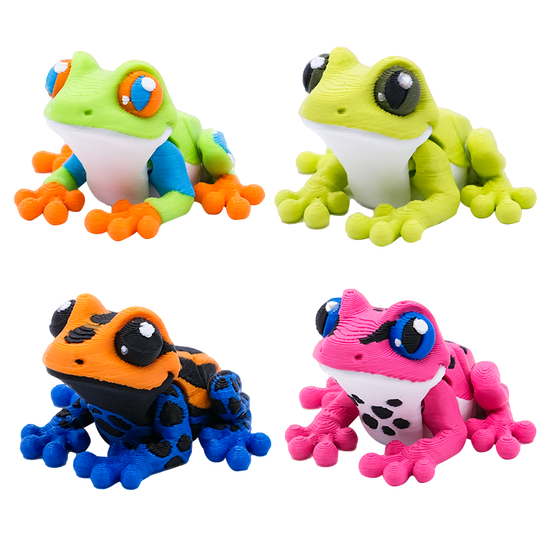3D Printed 4PCS Colorful Frog Figurines With Pond Display, Articulated