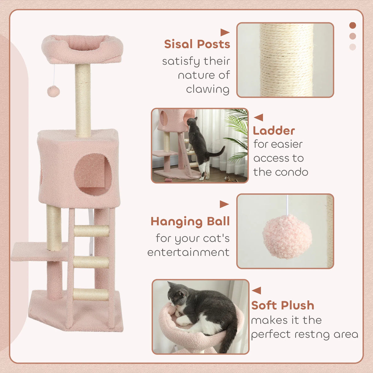 47" Tall Cat Tree Tower With Condo, Ladder, Scratching Posts