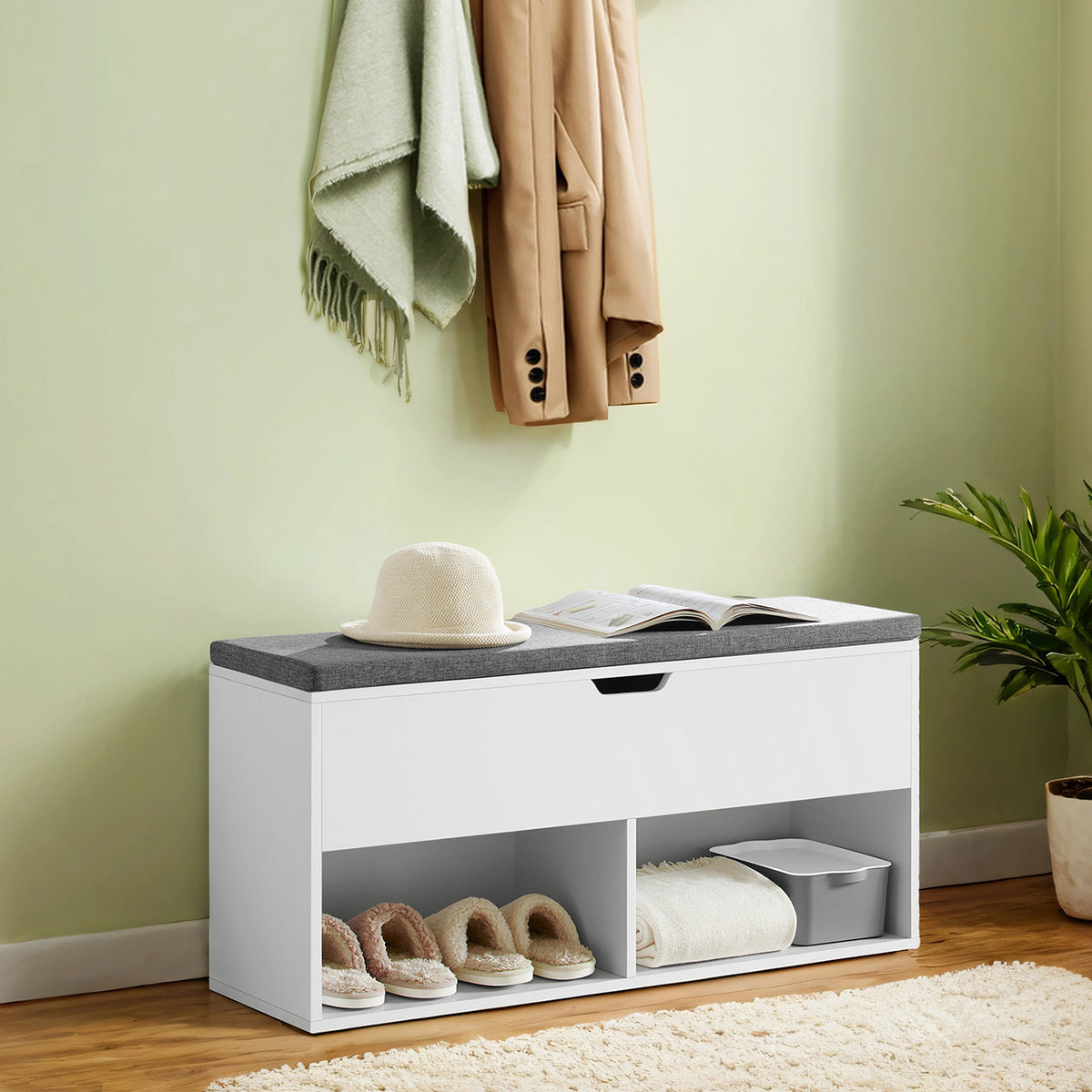 Shoe Storage Bench With Cushion, 2 Open And 1 Hidden Compartments