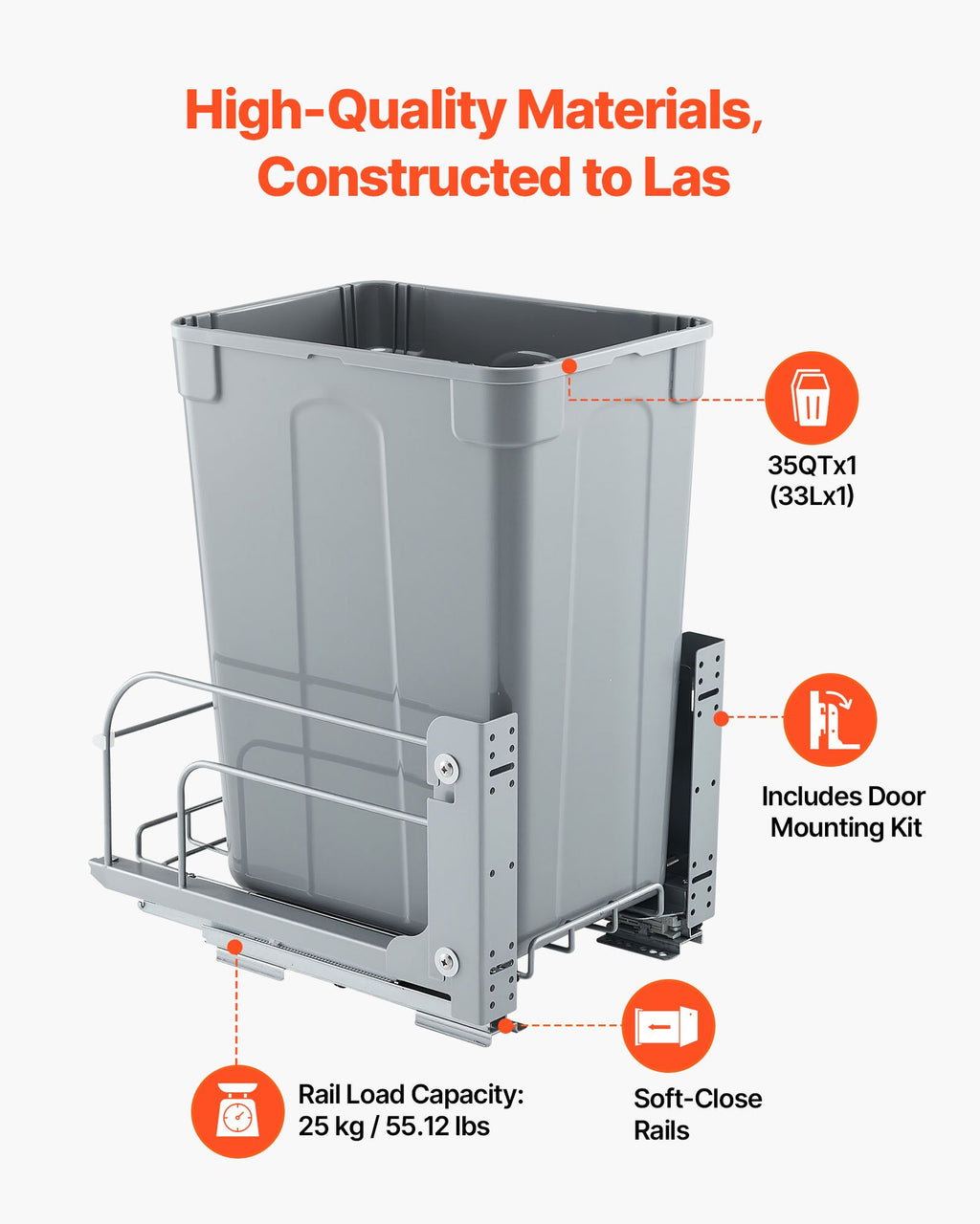35QT Pullout Waste Container Under Cabinet Kitchen Bin Trash Can Soft