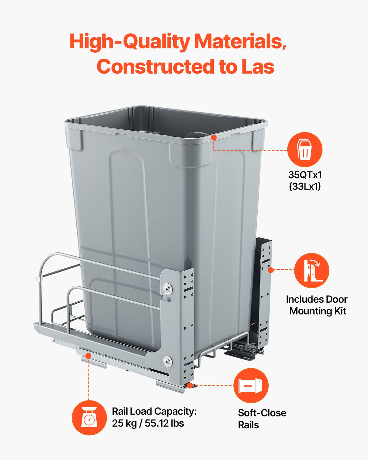 35QT Pullout Waste Container Under Cabinet Kitchen Bin Trash Can Soft