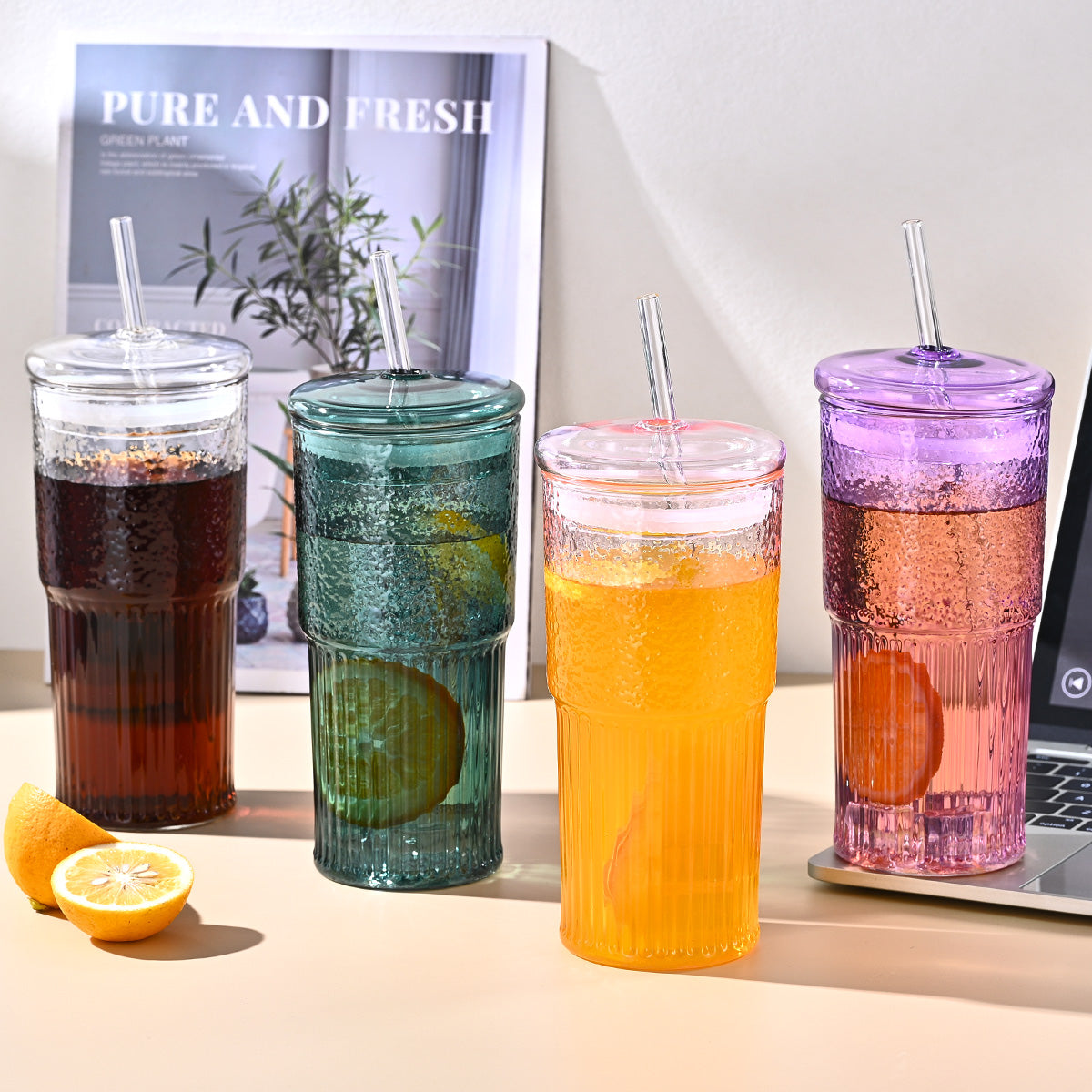 20 Oz 2-pack Pink Glass Straw Cup With Vertical Pattern Cup And Lid
