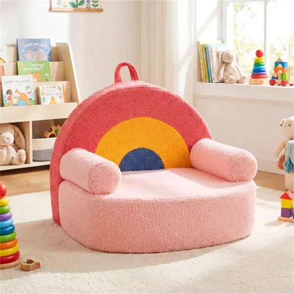 Pink + Beige Kids Sofa, Soft Teddy Fleece Foam Couch With Carry Handle