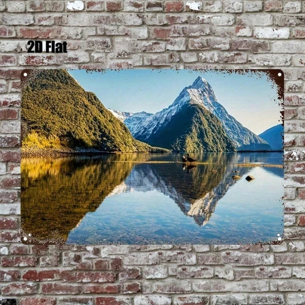 Vintage Zealand Milford Sound Metal Sign 8x12in, Distressed Tin