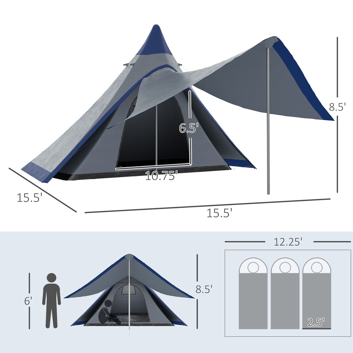 15.4x15.4x8.5 Teepee Tent, Waterproof Camping Tent With Porch Area