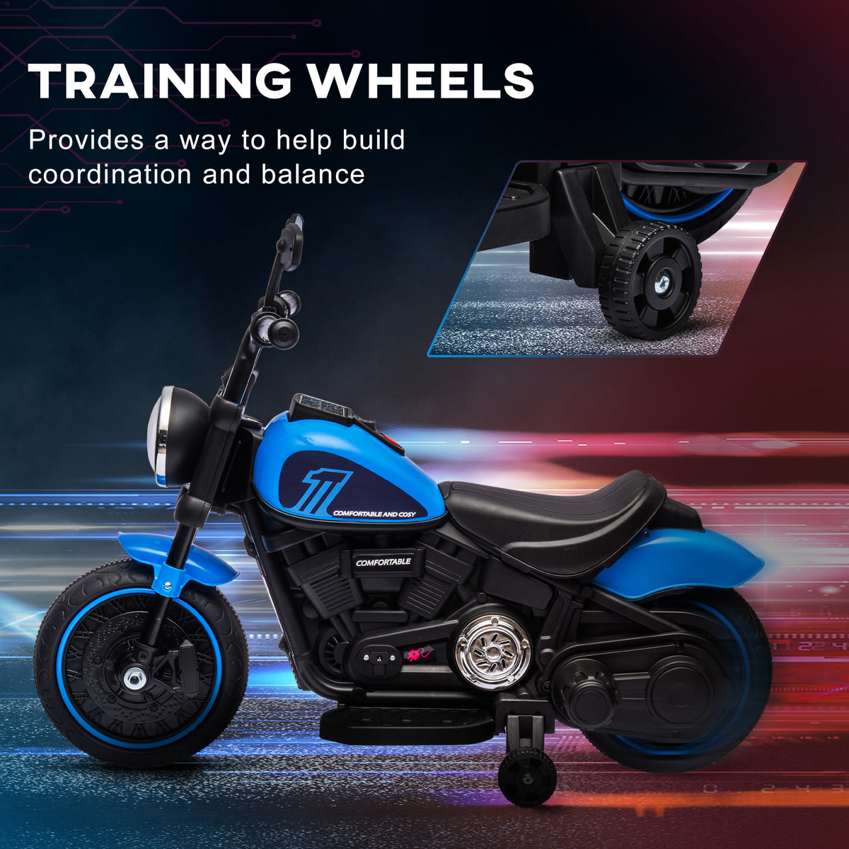 6V Kids Motorcycle W/ Training Wheels, Single-button Start, Blue