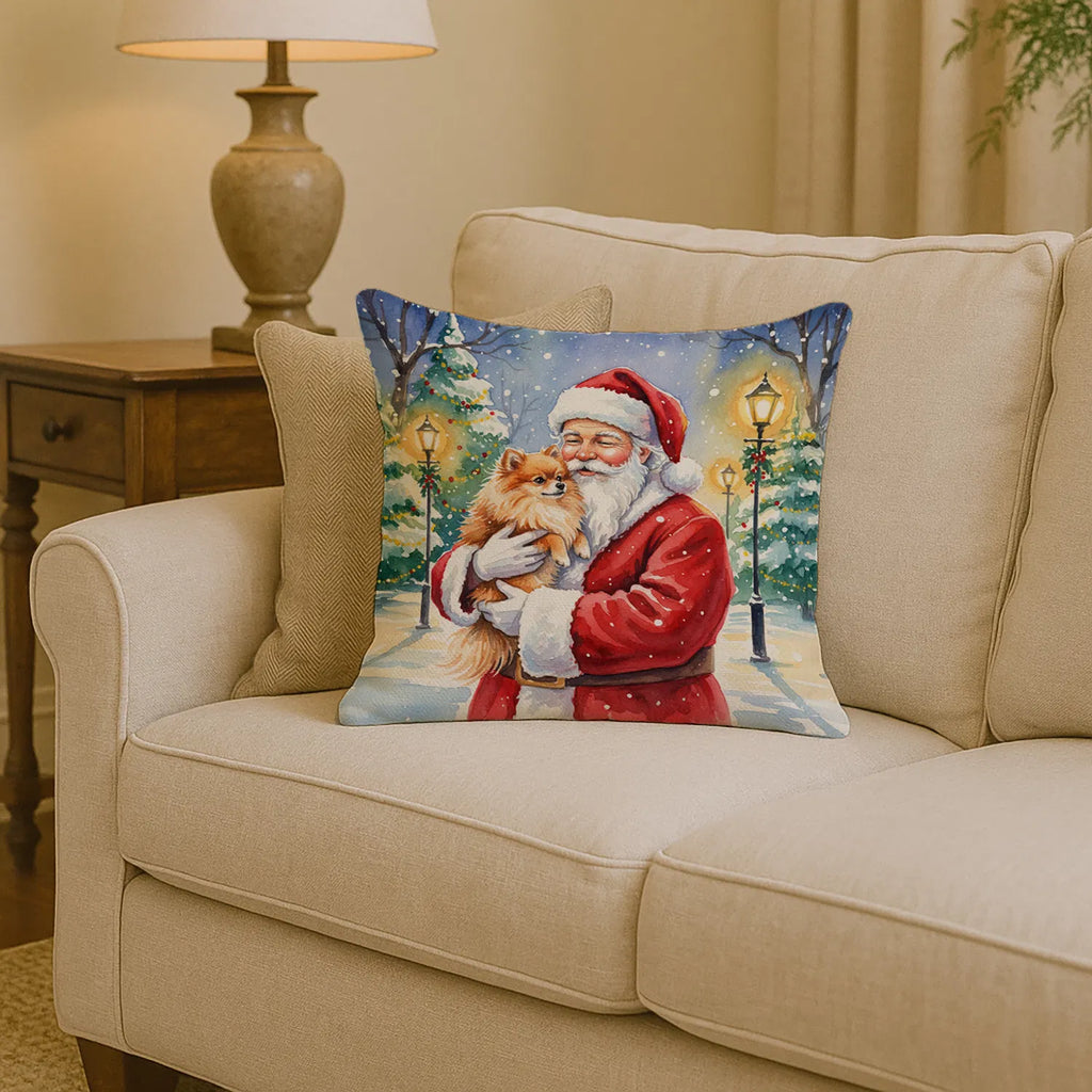 Pomeranian With Santa Claus Throw Pillow Decorative Indoor Outdoor