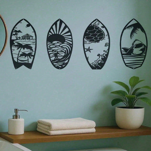 4 Piece Metal Surfboard Wall Art Coastal Beach House Decor Modern