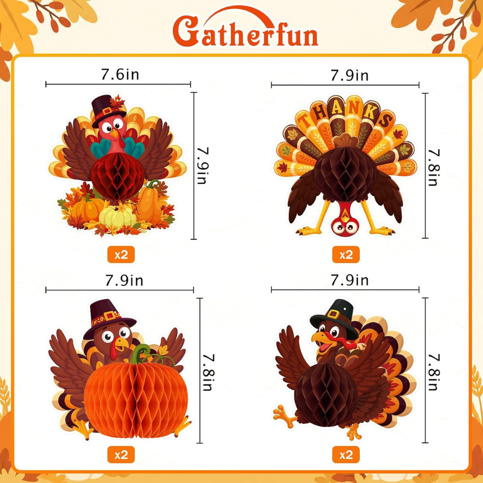 8 PCS Thanksgiving Party Decorations Hanging Paper Turkey Honeycomb