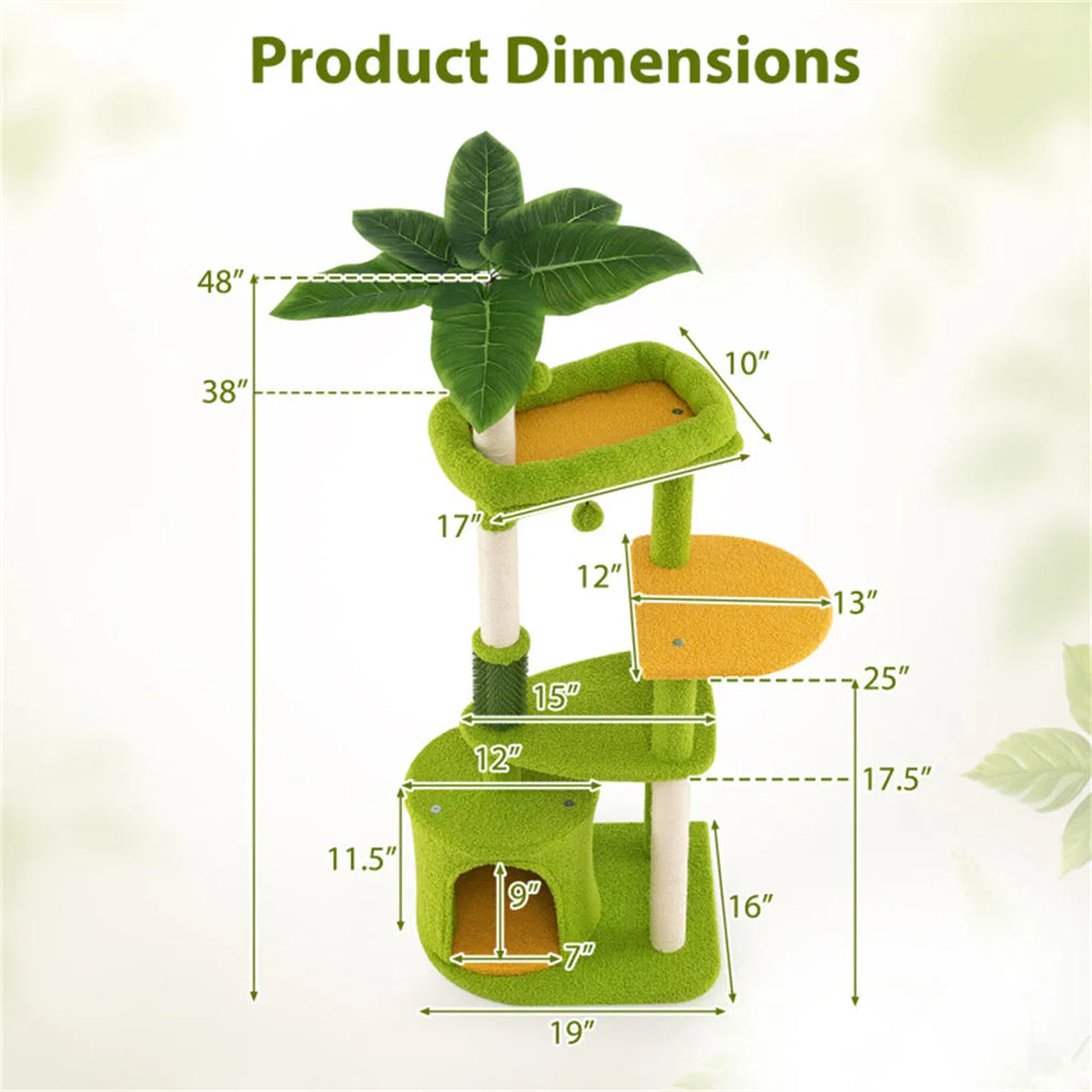 48" Cat Tree With Tropical Leaves - Self-groomer & Scratching Posts