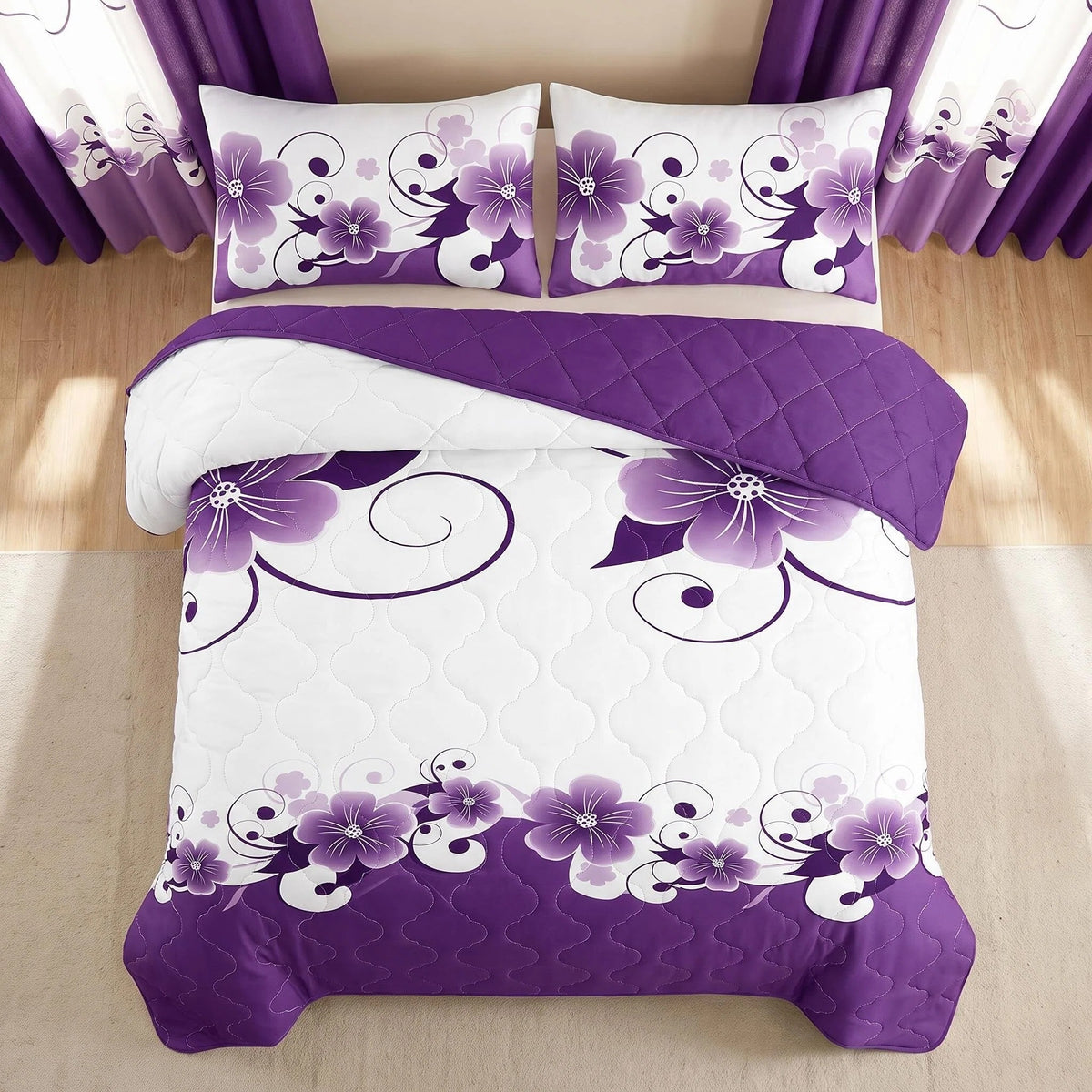 9-Piece Purple And White Gardenia Bedspread And Curtain Set, Reversible