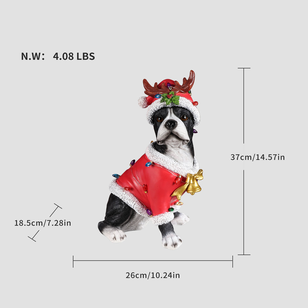 Christmas Boston Terrier Statue, Holiday Dog Figurine In Santa Outfit