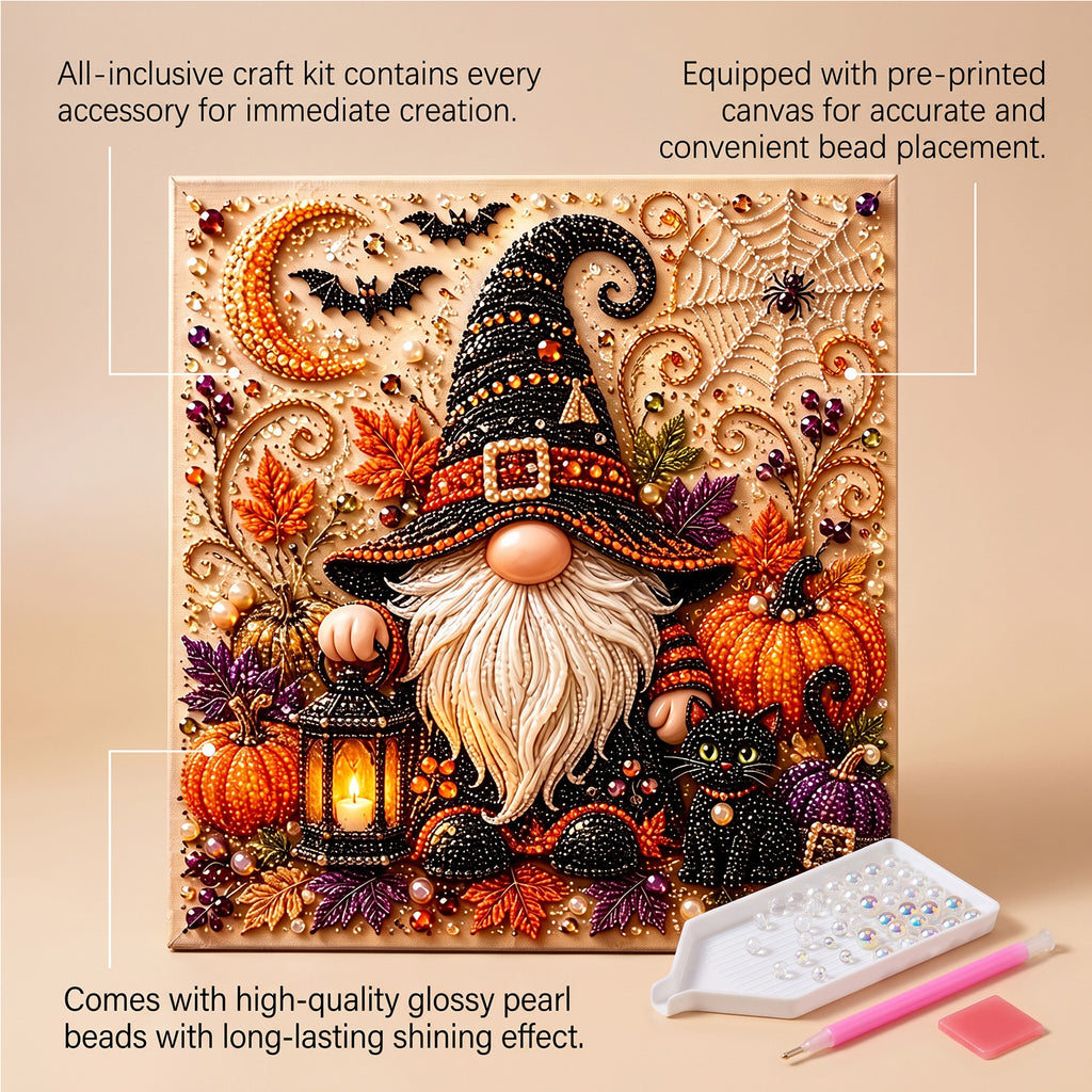 DIY Halloween Pearl Art Kit - Gnome With Lantern, 3D Rhinestone Diamond