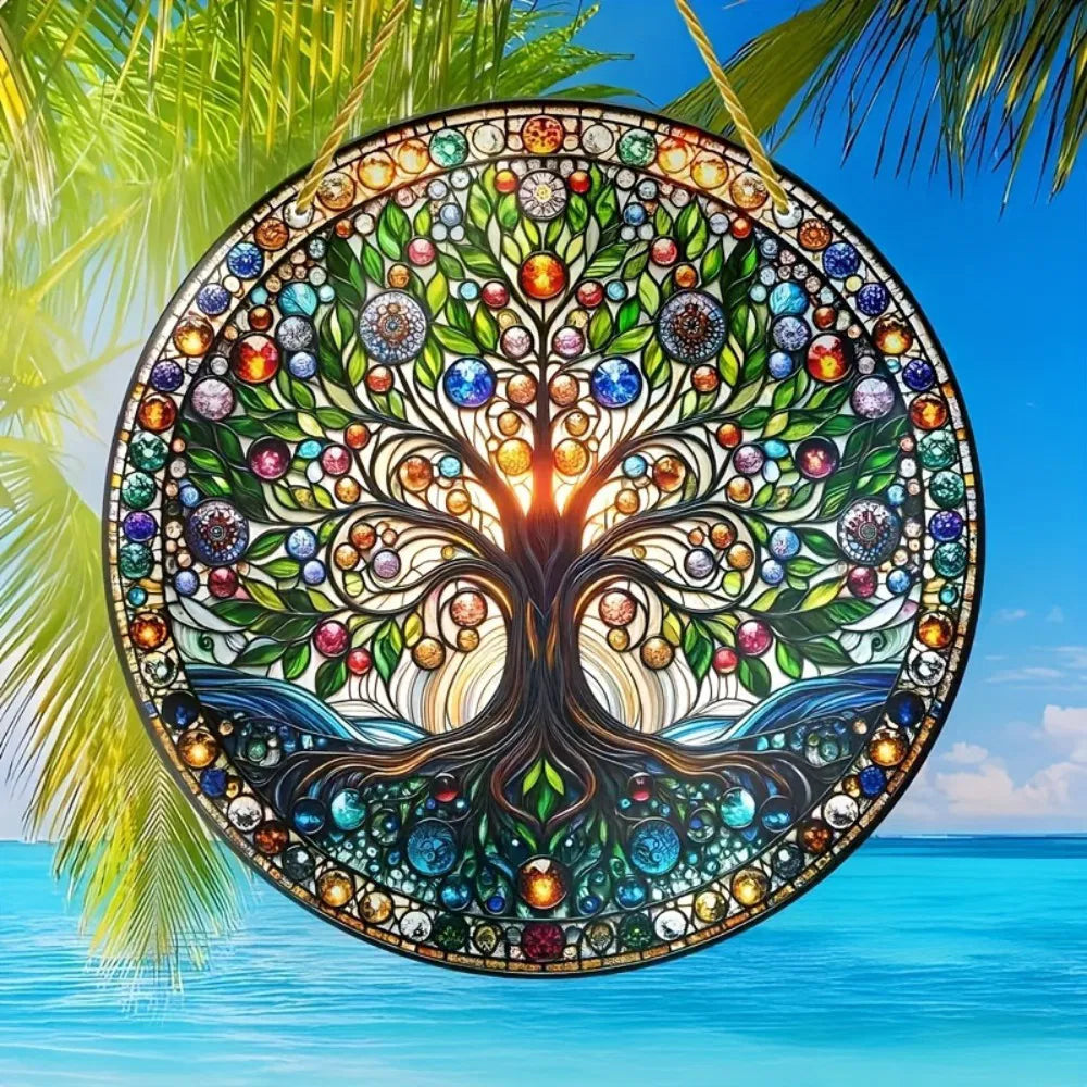 Tree Of Life Wall Art Colorful Stained Glass Design Smooth Edges Indoor
