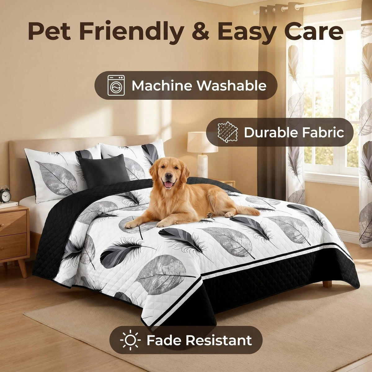 9-Piece Black And White Feather Bedspread And Curtain Set, Reversible