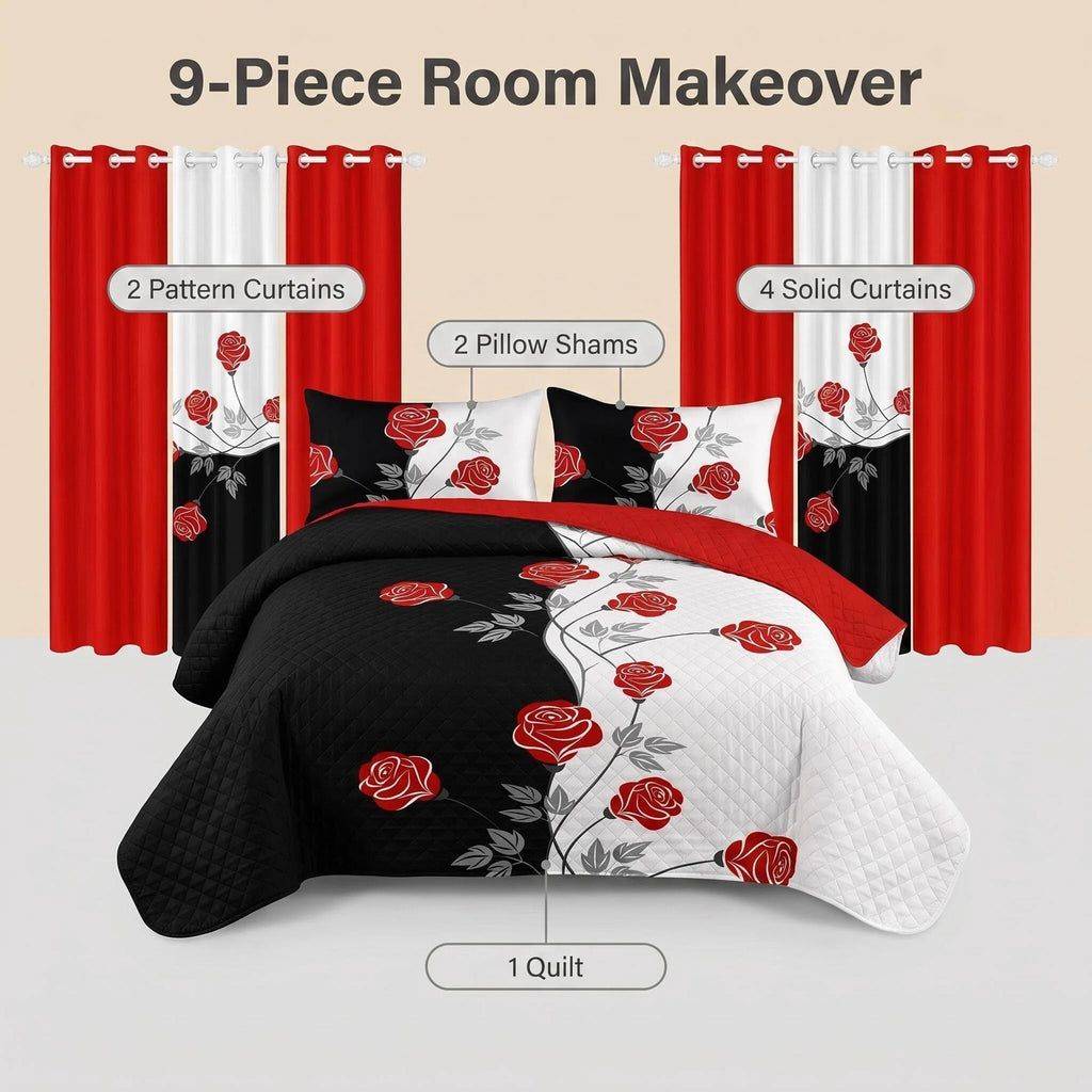 9-Piece Black And White Red Floral Quilt And Curtain Set, Reversible